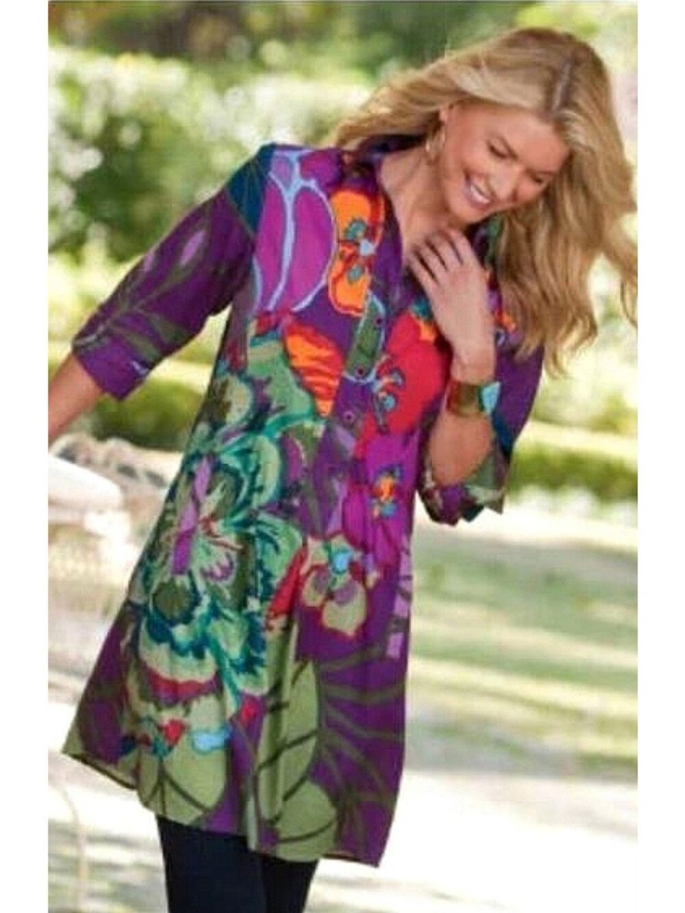Soft Surroundings Tunic Shirt Women L Purple Floral Pockets Boho Artsy Lagenlook - Picture 2 of 15